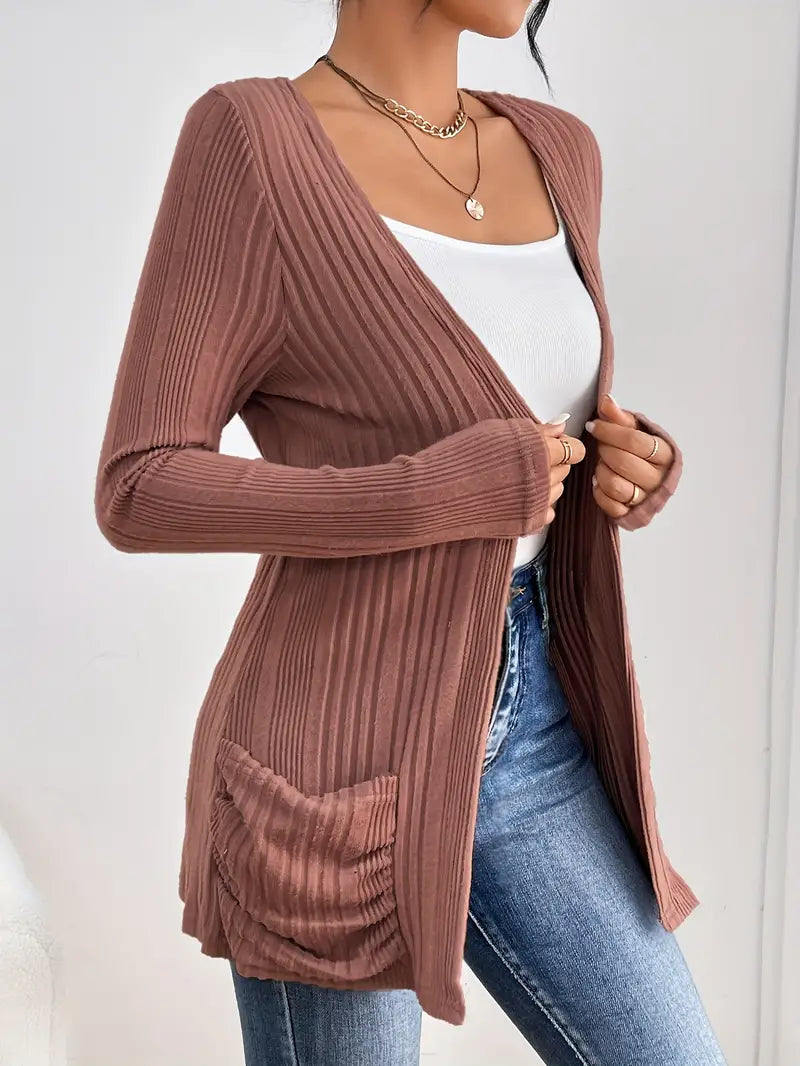 Solid Open Front Rib Knit Cardigan